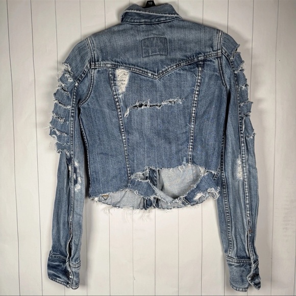 Abercrombie Fitch Distressed Ripped Denim Light Crop Jean Jacket Festival Y2K S - Picture 2 of 4